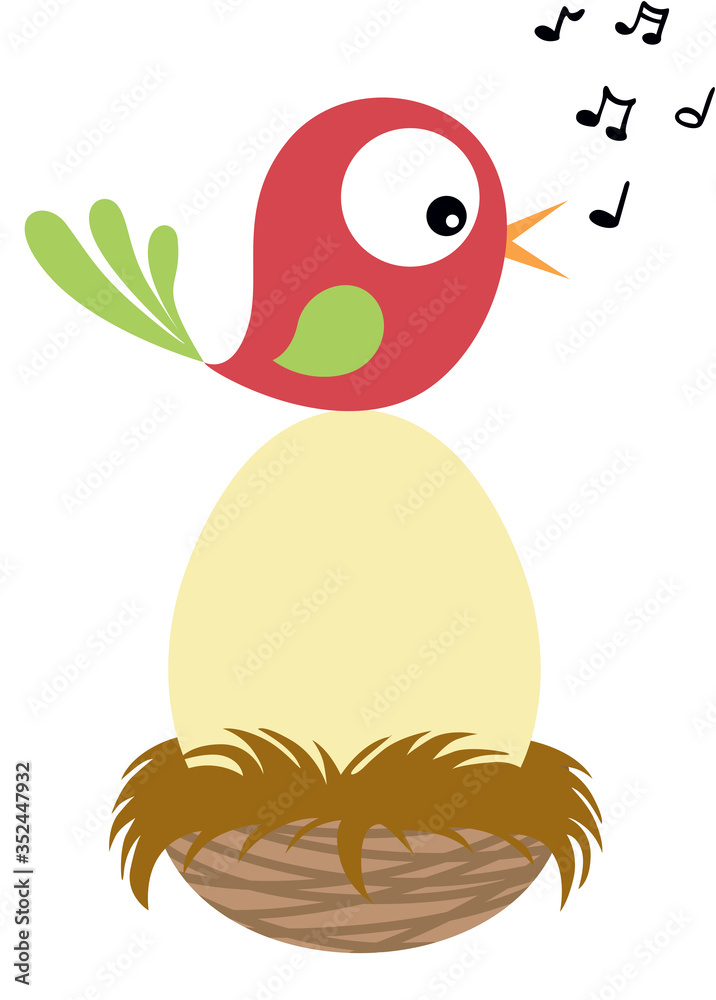 Fototapeta premium Cute bird singing on top of egg in nest 