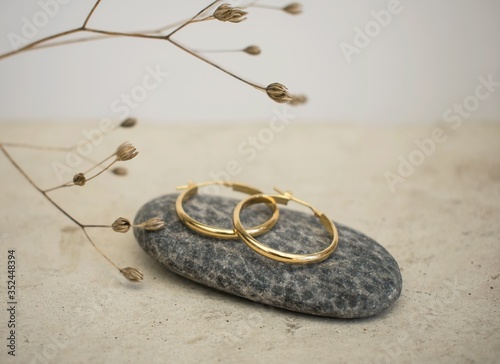 Jewellery setup. Jewelry fashion photography. Earrings fashion photography.  Earrings presented on a stone with a branch in the background. 