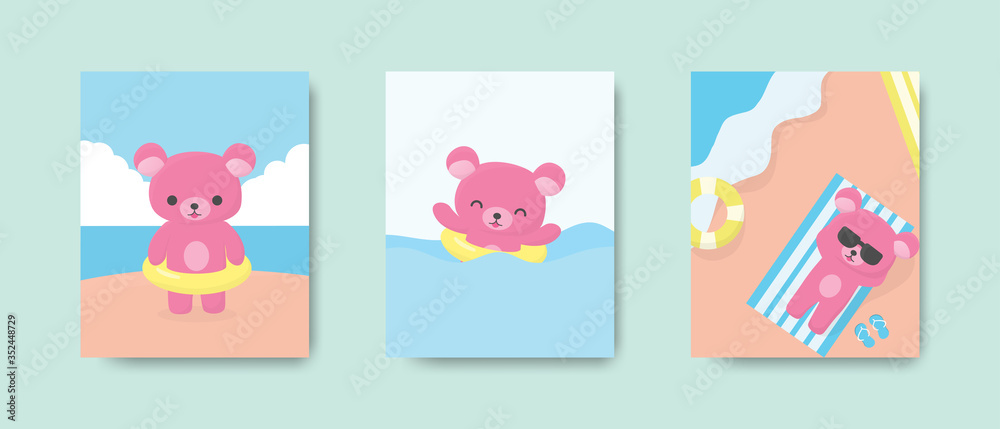 Happy cute bear postcard or poster on the beach in summer season. Vector illustration. Happy cute bear postcard or poster on the beach in summer season. Vector illustration.