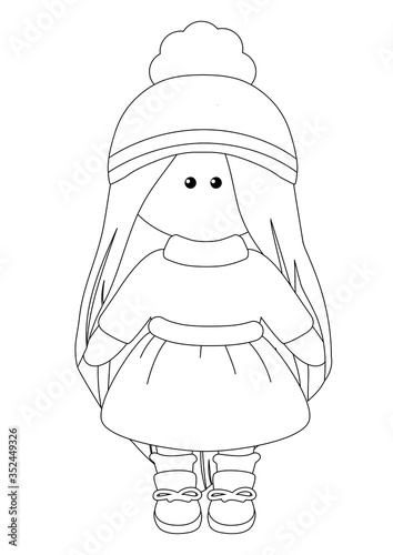 Coloring book or cartoon vector Illustration of beautiful doll for children. Black outline drawing on white background. Fashion illustration. Kids clothing.