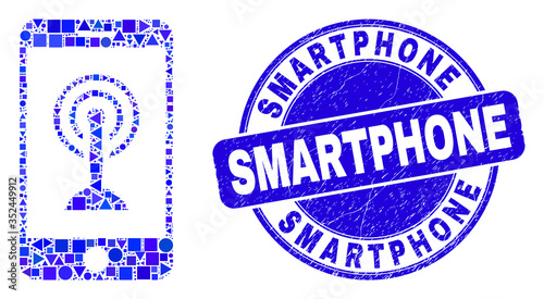 Geometric smartphone wi-fi hotspot mosaic pictogram and Smartphone seal stamp. Blue vector round grunge seal with Smartphone phrase. Abstract mosaic of smartphone wi-fi hotspot made of round, tringle,