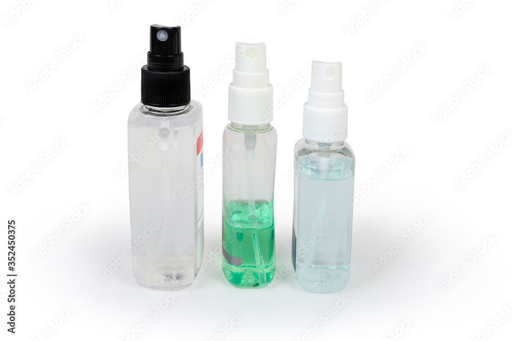 Plastic bottles of antiseptics on a white background