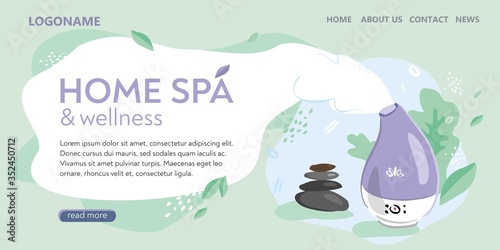 Landing page about home Spa and Wellness. Decorative ultrasonic home diffuser with stones and plants for meditation and relax. Baner about skin hydration, aromatherapy. Cartoon vector illustration.
