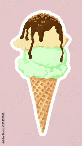 Vectorized ice cream scoops sticker overlay with a white border on a pink background