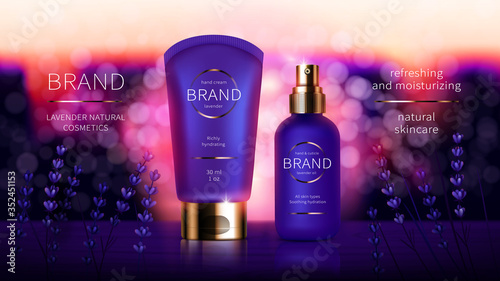 Lavender cosmetic series for hand skin care, realistic vector. Purple cream and aroma oil bottle. Cosmetics stands near blooming lavender field and pink sunset, dawn sky, ads poster for spa or mockup