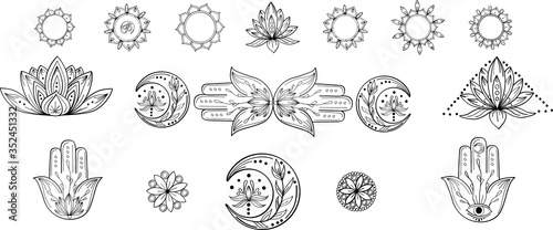 Outline collection of abstract yoga symbol with mandala, hamsa, moon, lotus, om. Indian linear yoga illustration. Vector mandala clipart for card, print, packing, poster, tattoo in yoga style