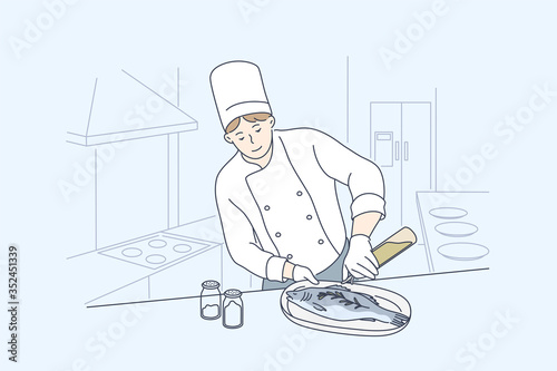Sea, cuisine, cooking, fish concept. Young man or boy professional cooker chef cartoon character preparing salmon or trout at restaurant or cafe. Cooking healthy vegan or vegetarian food illustration.