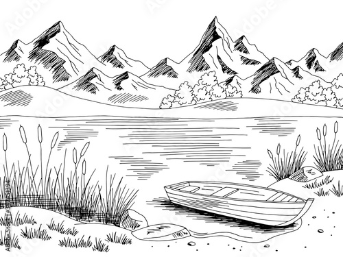 River boat graphic black white landscape sketch illustration vector