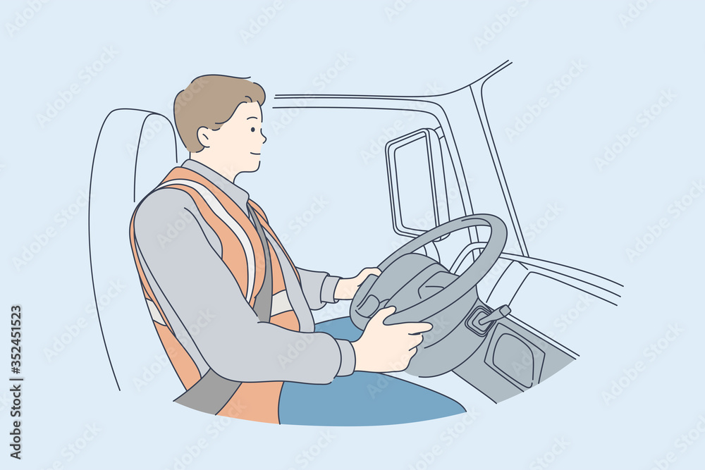 Delivery, driving concept. Young man or boy car driver cartoon ...