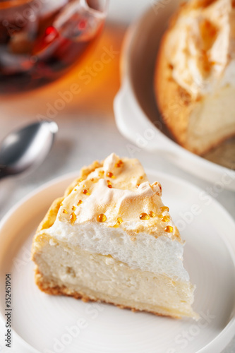 Delicious homemade cheesecake with glazed merengue.