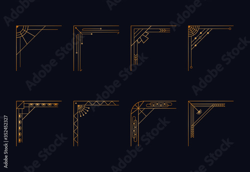 Art deco corners set. Vintage golden geometric template in style of 1920s, artdeco corners for frames and borders. Vector illustration