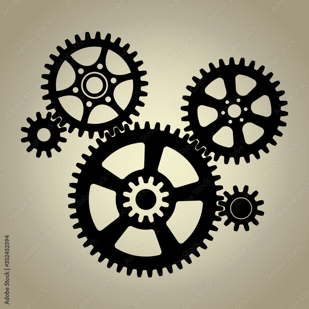 Integration of large and small mechanical gear & cogwheel set, black silhouette. Vector illustration.