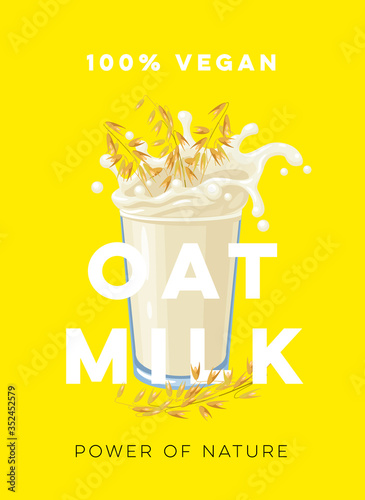 Dairy-free vegan oat milk, template for packaging label design. Vector illustration cartoon flat icon isolated on yellow.