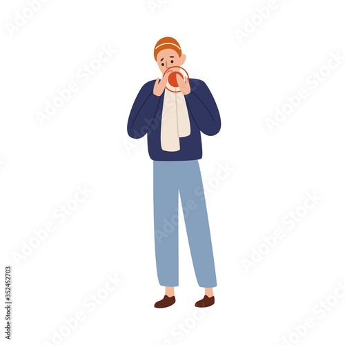 Unwell male suffering toothache vector flat illustration. Colorful man with p...