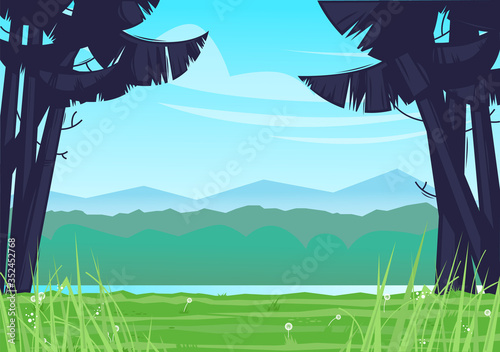 Camping, landscape overlooking the river. Flat design vector illustration.