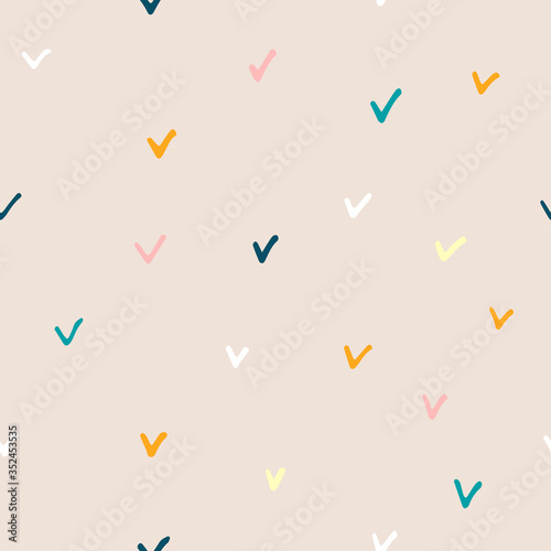 Seamless Scandinavian doodle pattern. Black, pink, blue, gold hand-drawn check marks on a pastel background. Vector cozy stock illustrations for wallpaper, posters, wrapping paper, textiles, prints