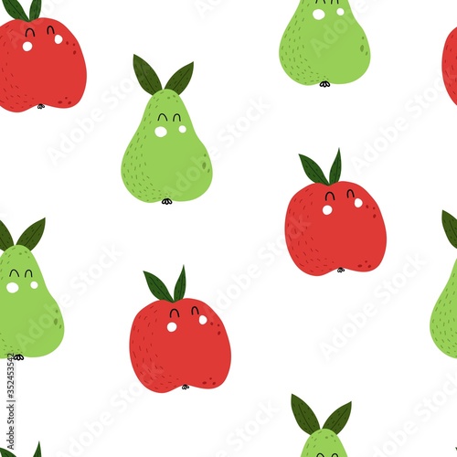 Seamless pattern with cartoon pear  apple. colorful vector. hand drawing  flat style. design for fabric  print  textile  wrapper