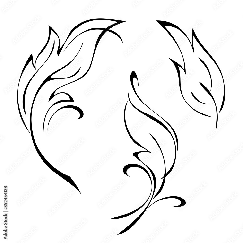 decorative stylized leaf with curls in black lines on a white background. set