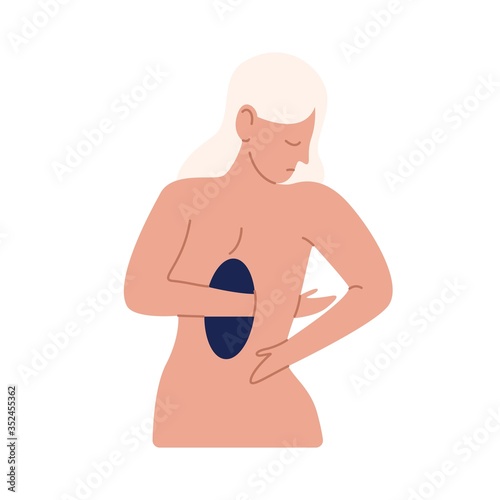 Depressed woman with hole in body vector flat illustration. Sad female having psychological disorder isolated on white. Lonely girl feeling empty inside. Psychology problem and mental state concept