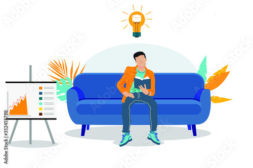 The guy with the book is sitting on the couch. Freelance or study concept. Cute illustration in flat style. Distance learning at home