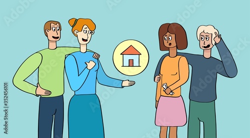 Parents give home to children. Offer to buy a house. Newlyweds are buying property. Character in cartoon.Vector stock illustration.