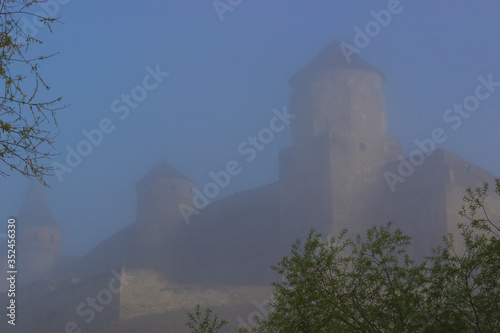 old brick castle in the fog. ruins. Ruzhany castle. Belarus. January 20, 2020 photo