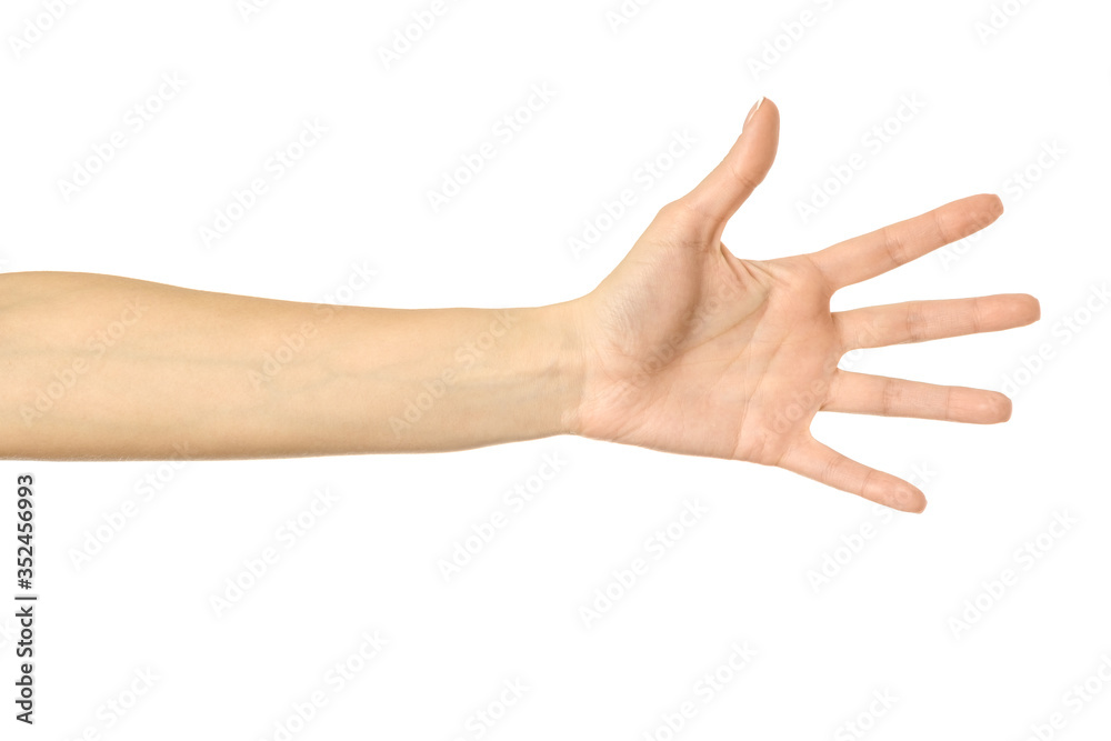 Reaching hand. Woman hand gesturing isolated on white