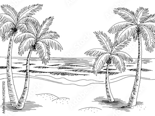 Sea coast graphic beach black white landscape sketch illustration vector