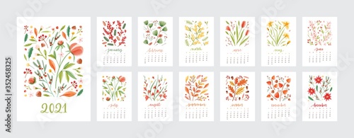 Set of various calendar templates for 2021 year vector flat illustration. Colorful creative pages decorated by natural blossom isolated on white. Collection of schedule design week start on sunday