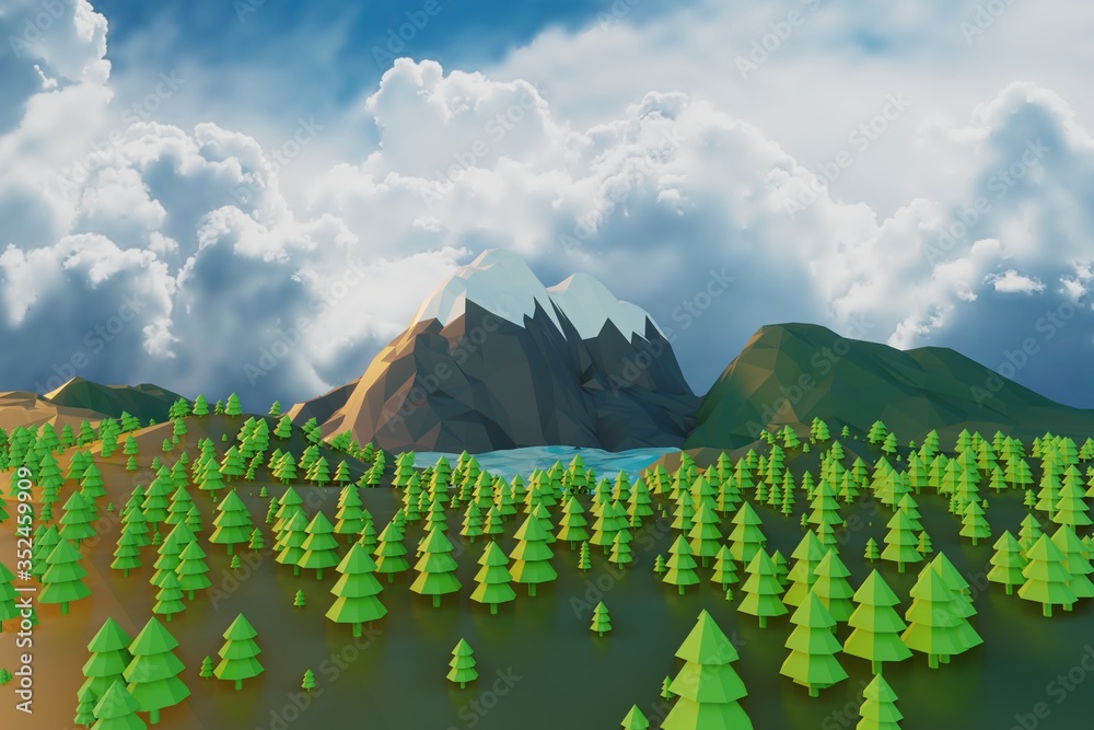 Lowpoly landscape Nature with mountains trees and clouds Sunset Background minimal animation 3d rendering