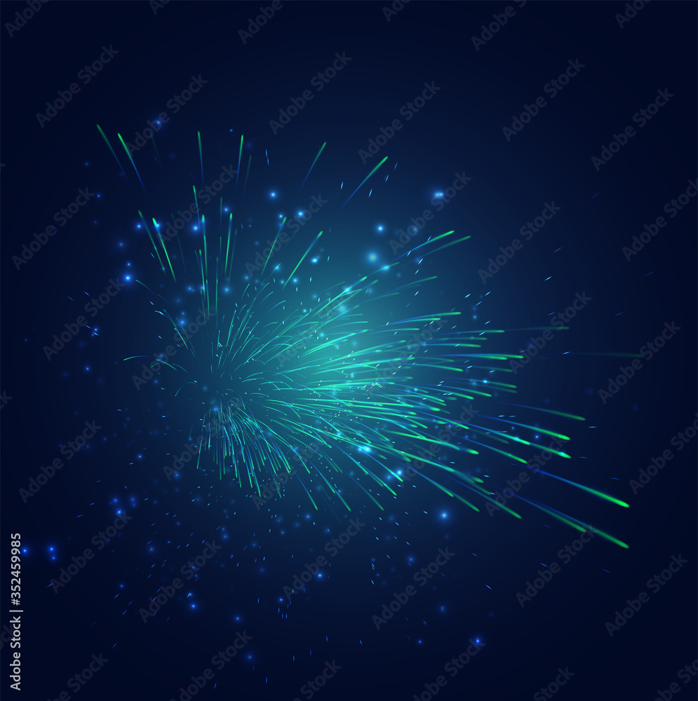 green and blue fireworks in the night sky, festive vector set of sparks and moods green and blue fireworks in the night sky, festive vector set of sparks and moods