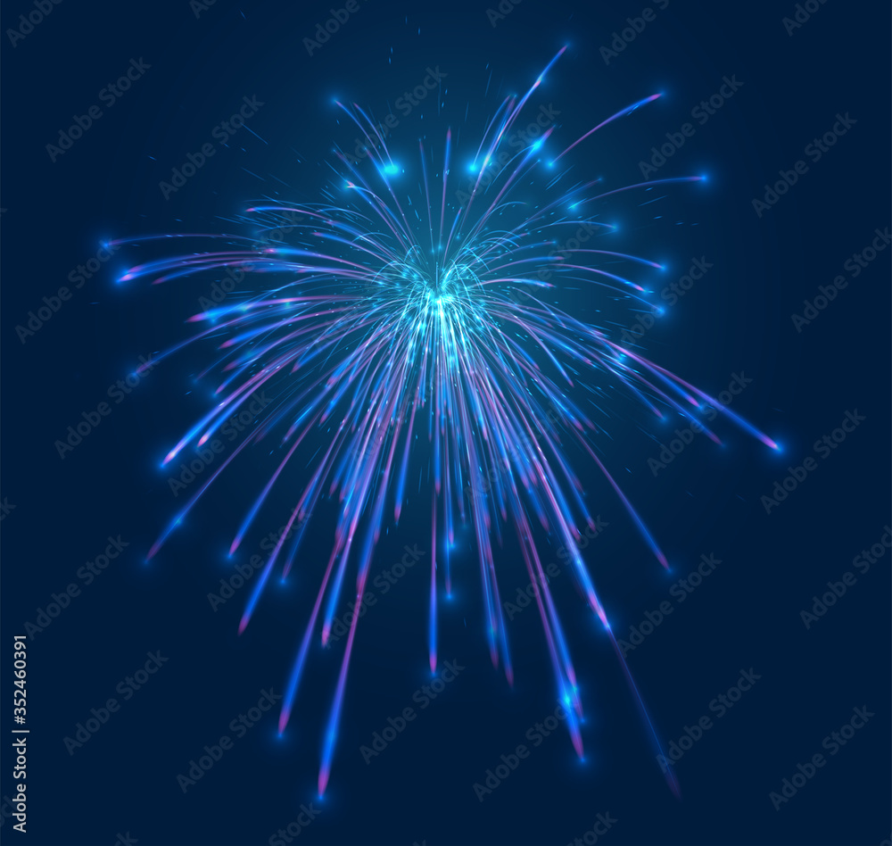 Fototapeta premium blue-violet fireworks on dark blue sky, vector ready-made layout