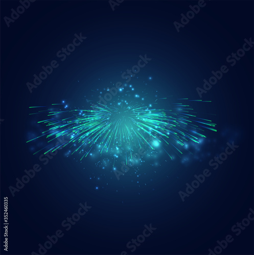 green and blue fireworks in the night sky, festive vector set of sparks and moods