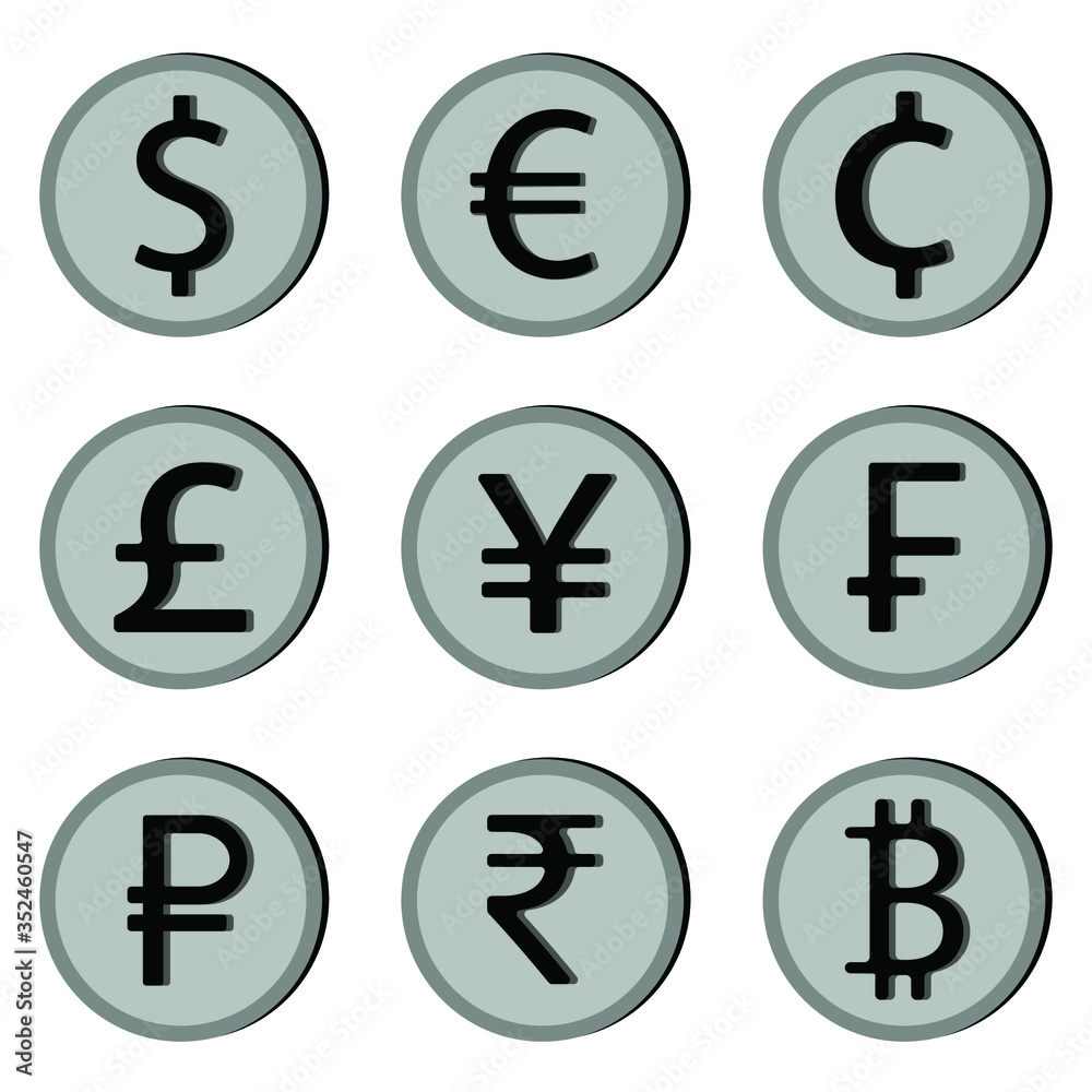 Vector image of nine world currencies. Icons of dollar, euro, cent, pound, yen, franc, ruble, rupee, bitcoin in the form of silver coins with volume. Flat icons with shadows. Vector image of nine world currencies. Icons of dollar, euro, cent, pound, yen, franc, ruble, rupee, bitcoin in the form of silver coins with volume. Flat icons with shadows.