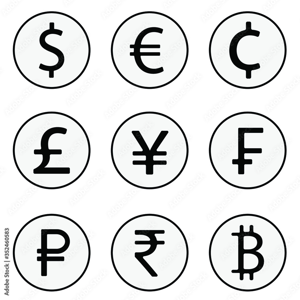 Vector image of nine world currencies. Icons of dollar, euro, cent, pound, yen, franc, ruble, rupee, bitcoin in the form of flat icons. Vector image of nine world currencies. Icons of dollar, euro, cent, pound, yen, franc, ruble, rupee, bitcoin in the form of flat icons.