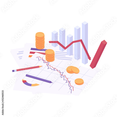 Economic crisis isometric vector illustration - business and financial analysis graphic with falling trend.