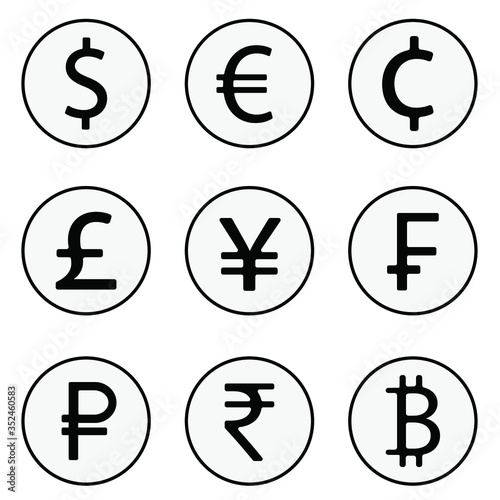 Vector image of nine world currencies. Icons of dollar, euro, cent, pound, yen, franc, ruble, rupee, bitcoin in the form of flat icons.