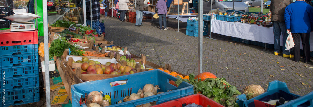 Eco market. Vegetable and fruit market. Maatschappij van Weldadigheid Frederiksoord Drenthe Netherlands. Panorama.