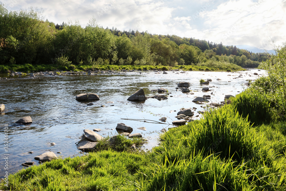 Calm river in mountain region.