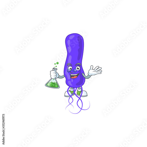 Blue spirila smart Professor Cartoon character holding glass tube on the lab