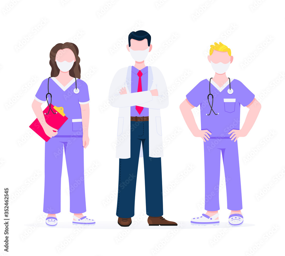 Successful team of medical employee doctors with face masks vector illustration isolated on white background. Three hospital or medic clinic staff doctors standing up with equipment.