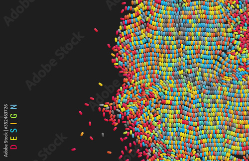 Irregular array or matrix of random ovals. Background breaking down into small fragments. Motion vector illustration.