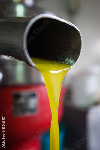 Fresh virgin olive oil pouring after phase of the cold-press factory after the olive harvesting.