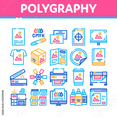 Polygraphy Printing Service Icons Set Vector. Polygraphy And Scanner Equipment And ink, Paper List With Picture And Cup Concept Linear Pictograms. Color Illustrations