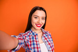 Close up photo of nice pretty girl have summer trip holidays make selfie wear good looking checkered shirt isolated over vibrant color background