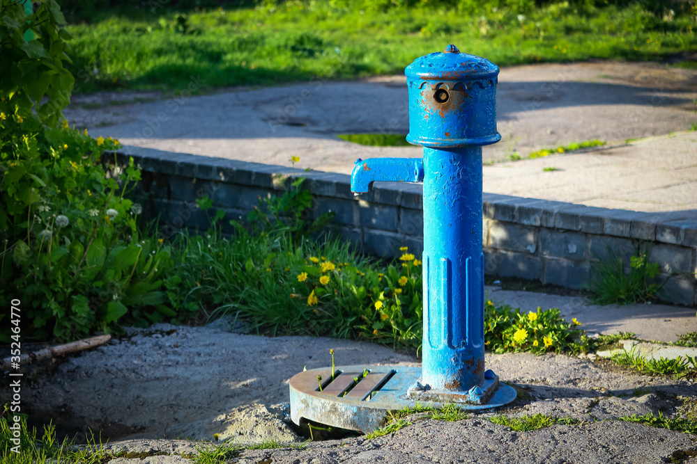 Blue water pump sanding in yard with greenery Blue water pump sanding in yard with greenery