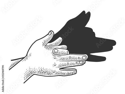 Dog shadow by hands sketch engraving vector illustration. T-shirt apparel print design. Scratch board imitation. Black and white hand drawn image.