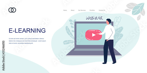 Landing Page, banner. Man on a background of a laptop screen, shows video playback button. man conducts broadcasting online or video training, courses, training, entertainment video. Vector. flat