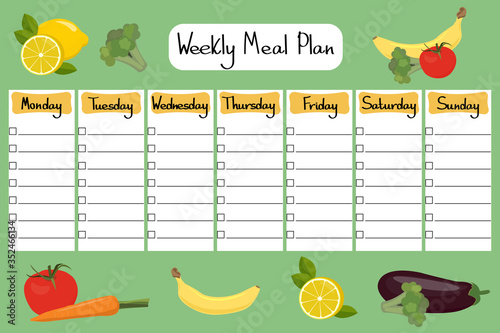Weekly meal planner. Vector daily meal plan. Diet plan