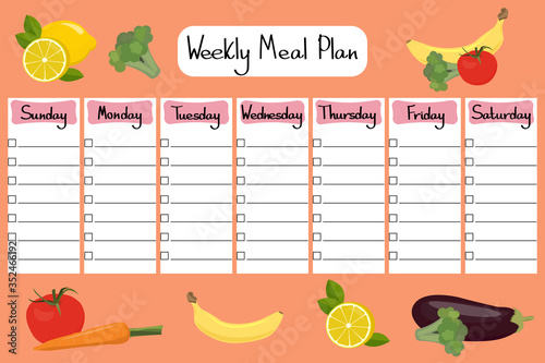 Weekly meal planner. Vector daily meal plan. Diet plan